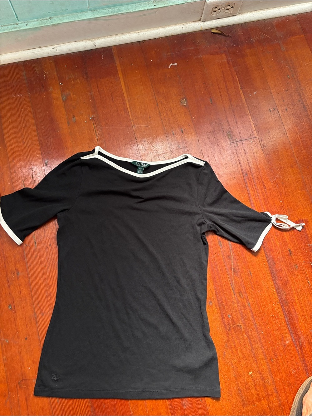 Lauren Ralph Lauren Black Short Sleeve Tee with White Trim and Sleeve Tie Accent